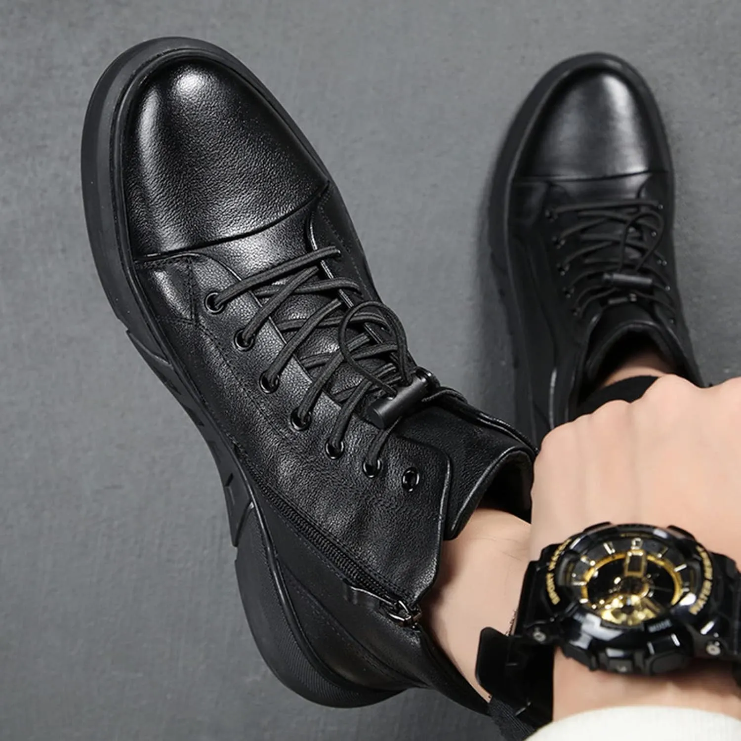 Keilinia Men Black Italian Hand-Stitching High Height Casual Leather Boots,Fall Winter Non-slip Luxury Business Ankle Booties