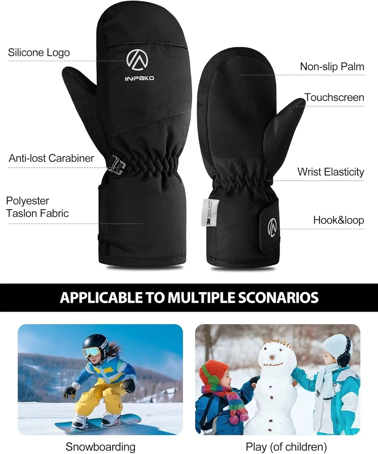 Kids Ski Gloves Waterproof Winter Snow Gloves for Boys Girls Cold Weather Windproof Warm Mittens for Snowboard Sport Outdoor