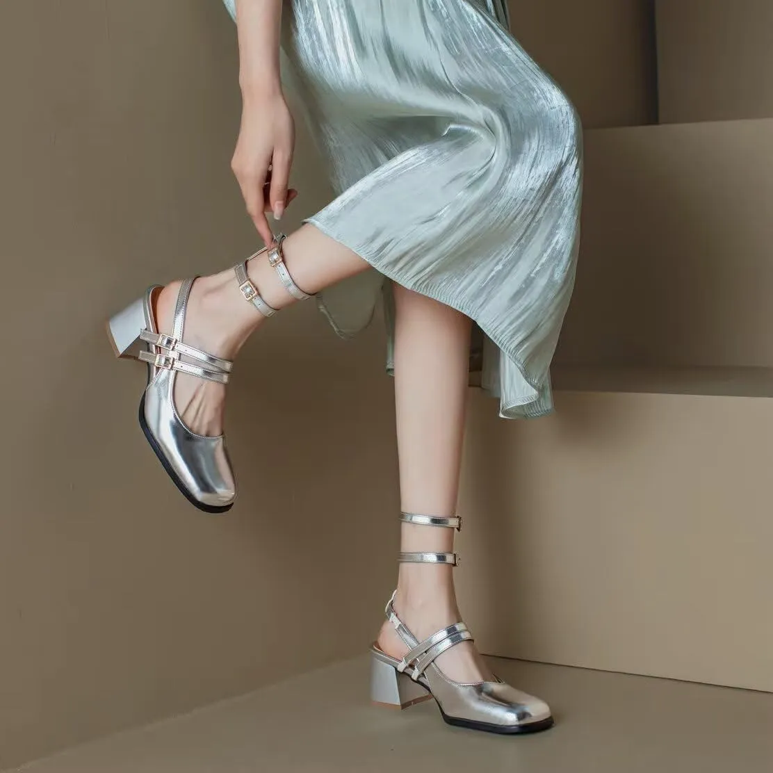 KISSASA Punk Goth Chunky Mary Janes Patent Leather Slingback Square Toe Pumps Metallic Heels