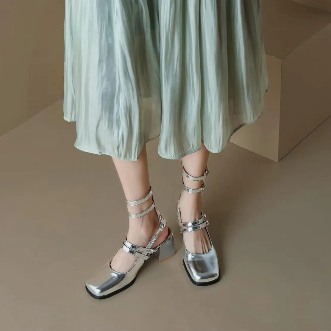 KISSASA Punk Goth Chunky Mary Janes Patent Leather Slingback Square Toe Pumps Metallic Heels