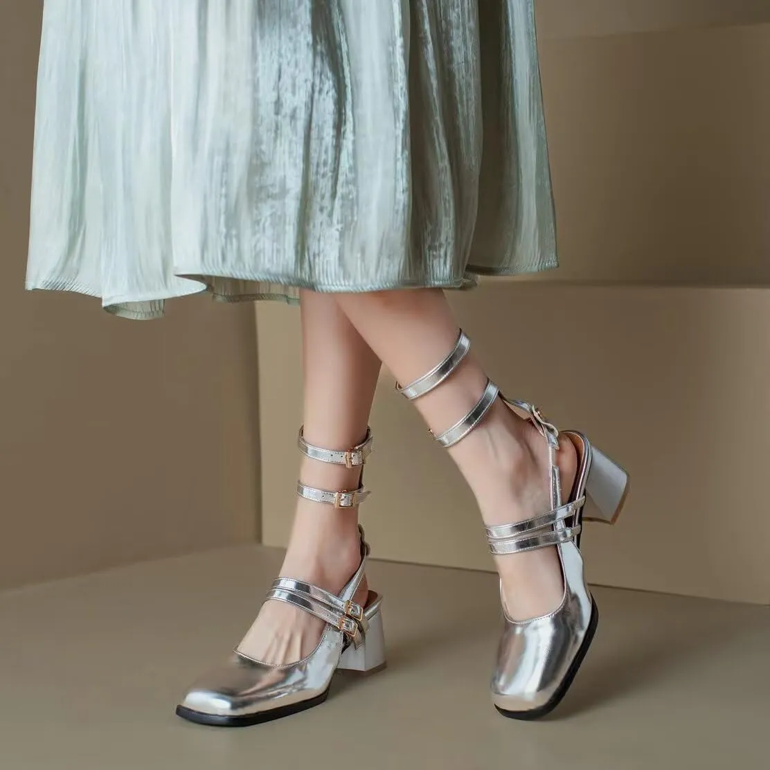 KISSASA Punk Goth Chunky Mary Janes Patent Leather Slingback Square Toe Pumps Metallic Heels