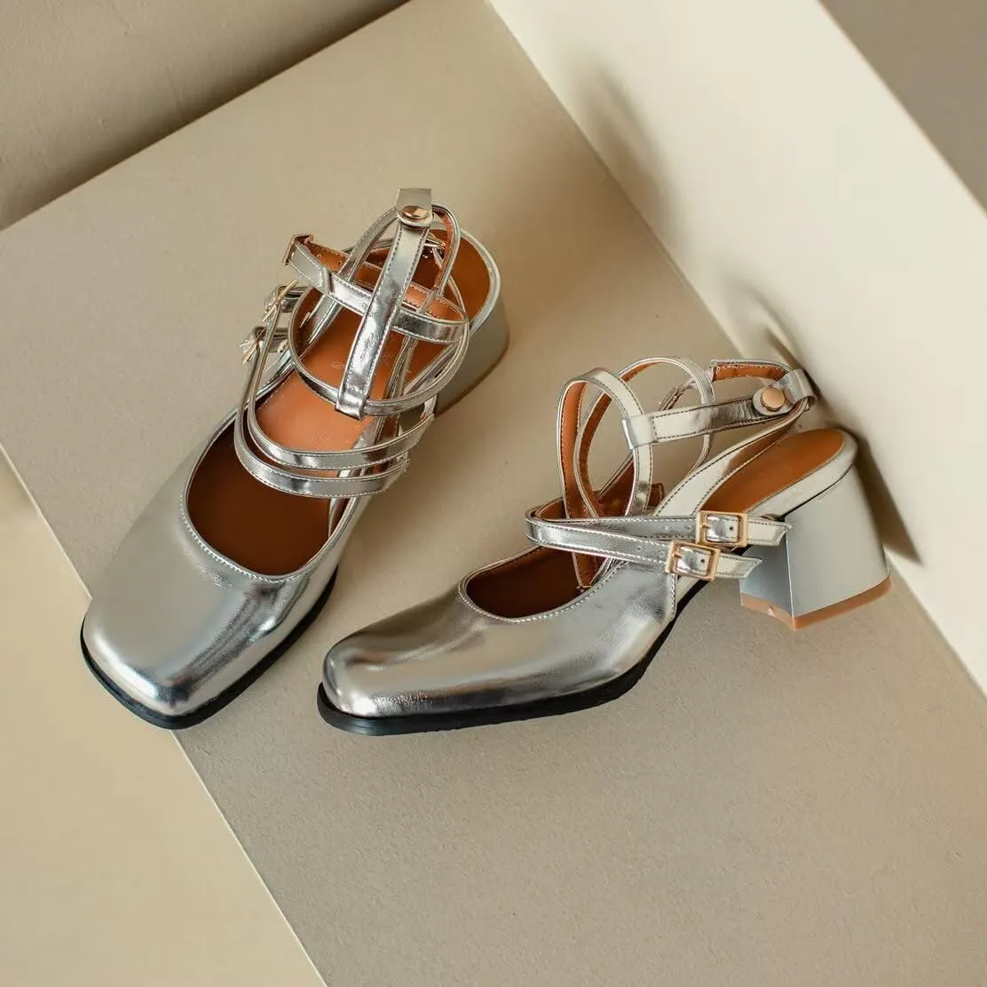 KISSASA Punk Goth Chunky Mary Janes Patent Leather Slingback Square Toe Pumps Metallic Heels