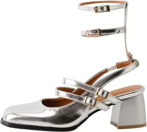 KISSASA Punk Goth Chunky Mary Janes Patent Leather Slingback Square Toe Pumps Metallic Heels