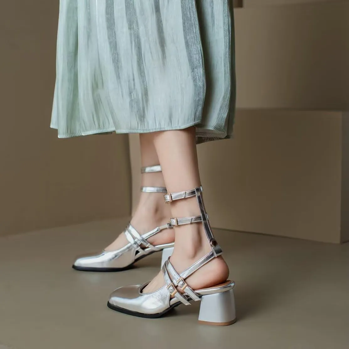 KISSASA Punk Goth Chunky Mary Janes Patent Leather Slingback Square Toe Pumps Metallic Heels
