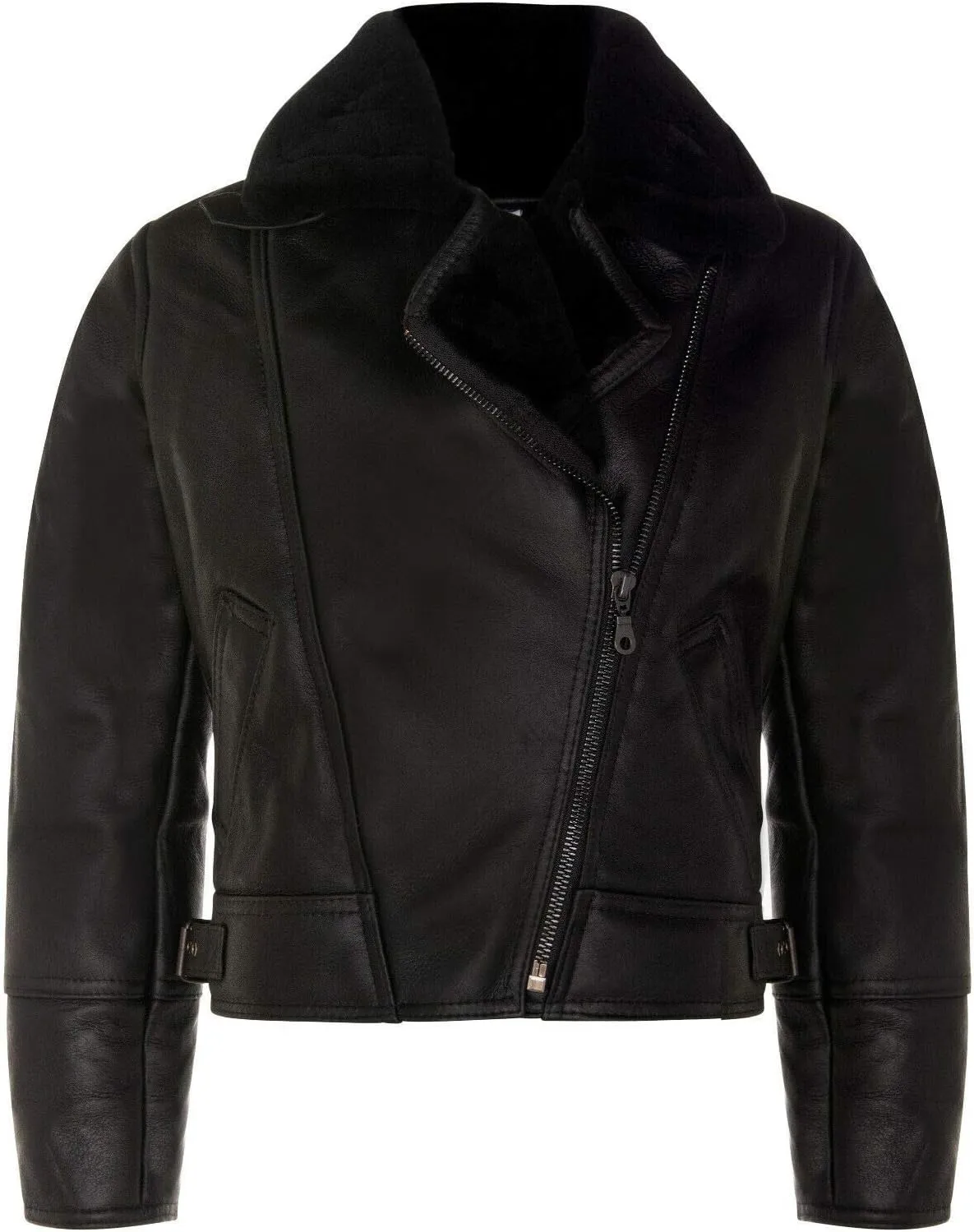 Ladies Black Winter B3 WW2 Sheepskin Shearling Leather Cross Zip Flying Bomber Aviator Jacket