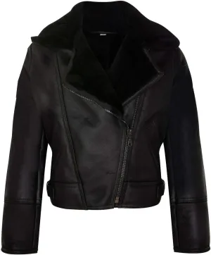 Ladies Black Winter B3 WW2 Sheepskin Shearling Leather Cross Zip Flying Bomber Aviator Jacket