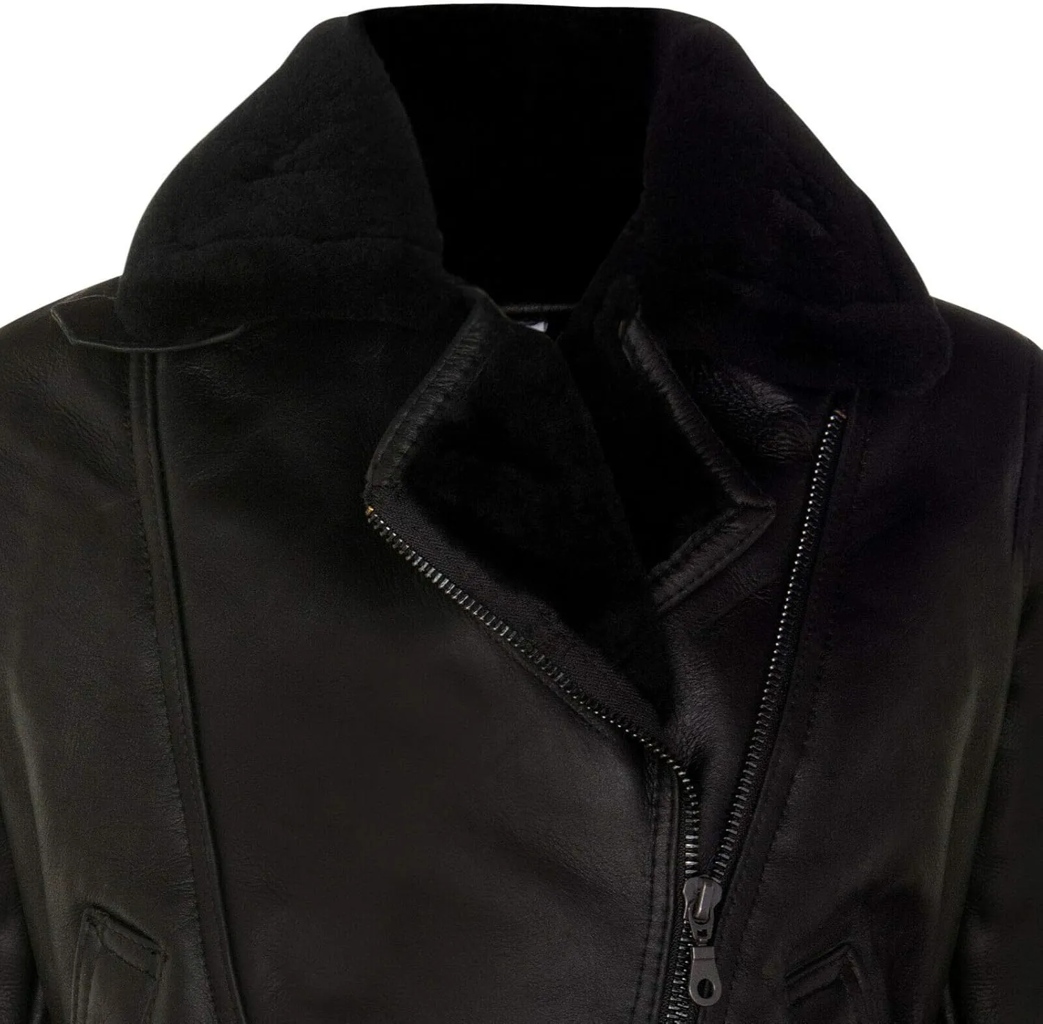 Ladies Black Winter B3 WW2 Sheepskin Shearling Leather Cross Zip Flying Bomber Aviator Jacket