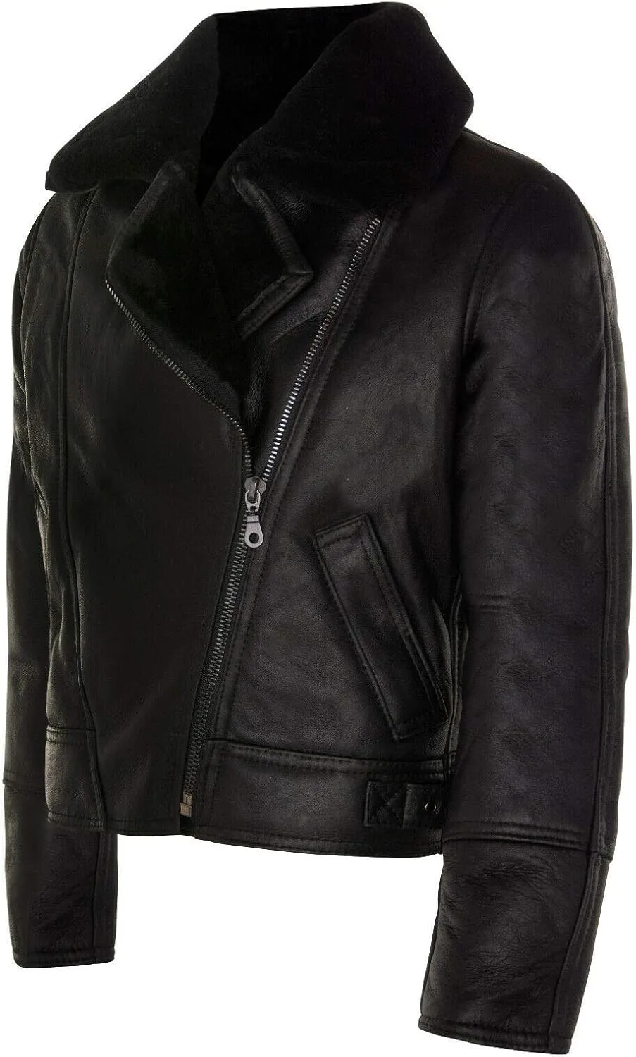 Ladies Black Winter B3 WW2 Sheepskin Shearling Leather Cross Zip Flying Bomber Aviator Jacket
