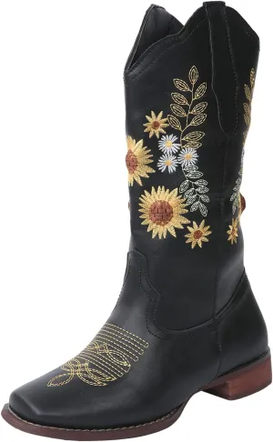 Ladmiple Cowboy Boots For Women Mid Calf Cowgirl Western Boots Sunflower Embroidery Boots for Ladies, Party and Outdoor
