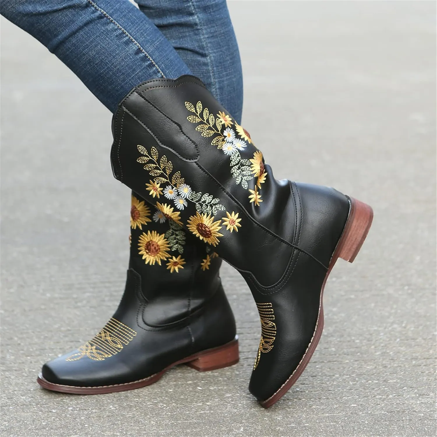 Ladmiple Cowboy Boots For Women Mid Calf Cowgirl Western Boots Sunflower Embroidery Boots for Ladies, Party and Outdoor