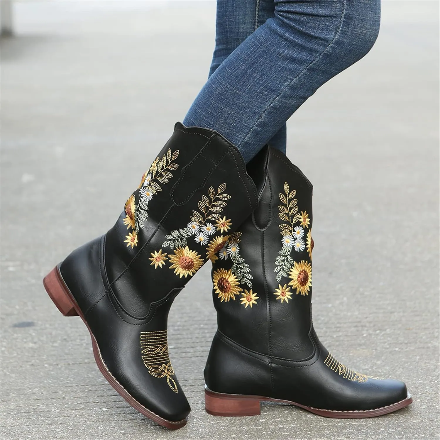 Ladmiple Cowboy Boots For Women Mid Calf Cowgirl Western Boots Sunflower Embroidery Boots for Ladies, Party and Outdoor