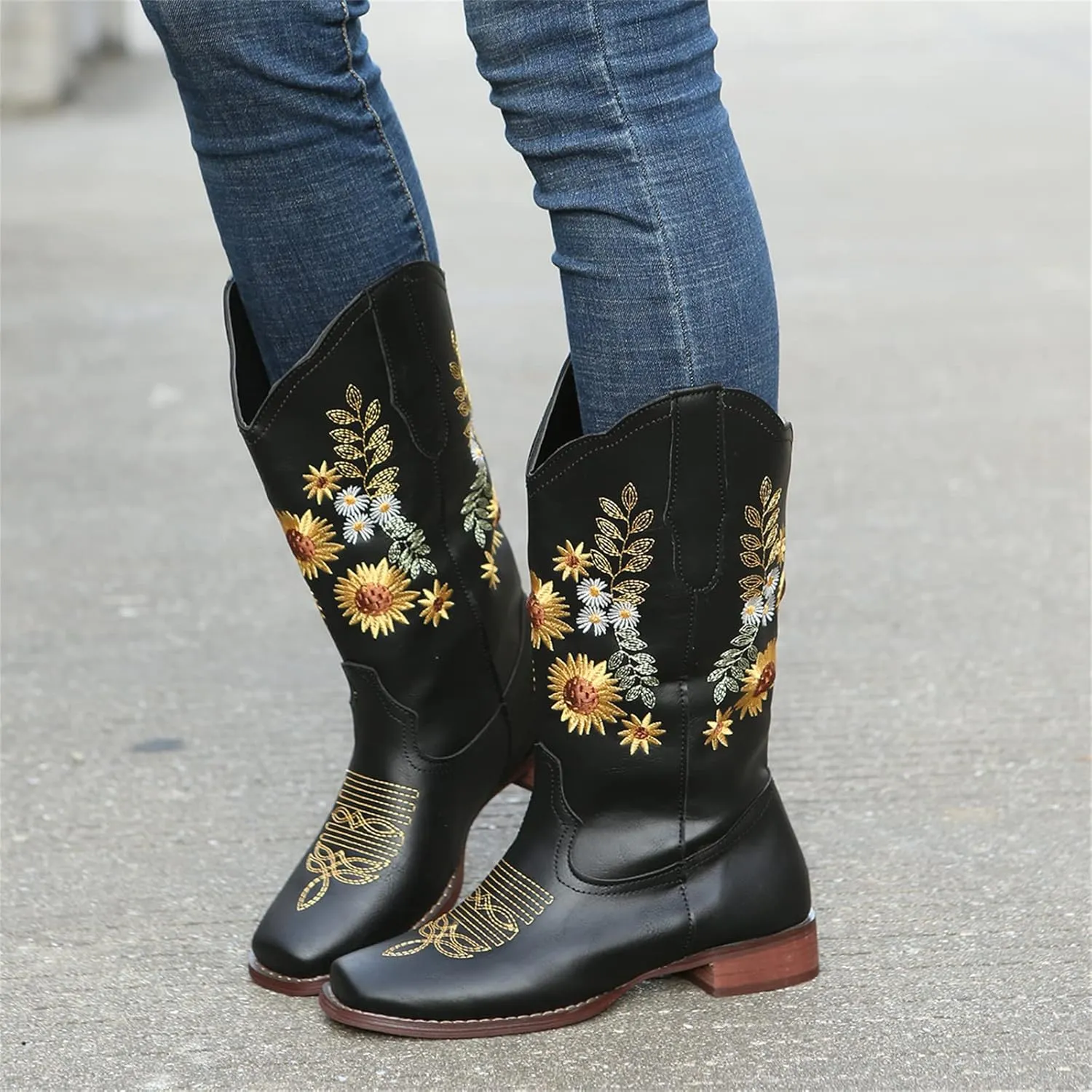 Ladmiple Cowboy Boots For Women Mid Calf Cowgirl Western Boots Sunflower Embroidery Boots for Ladies, Party and Outdoor