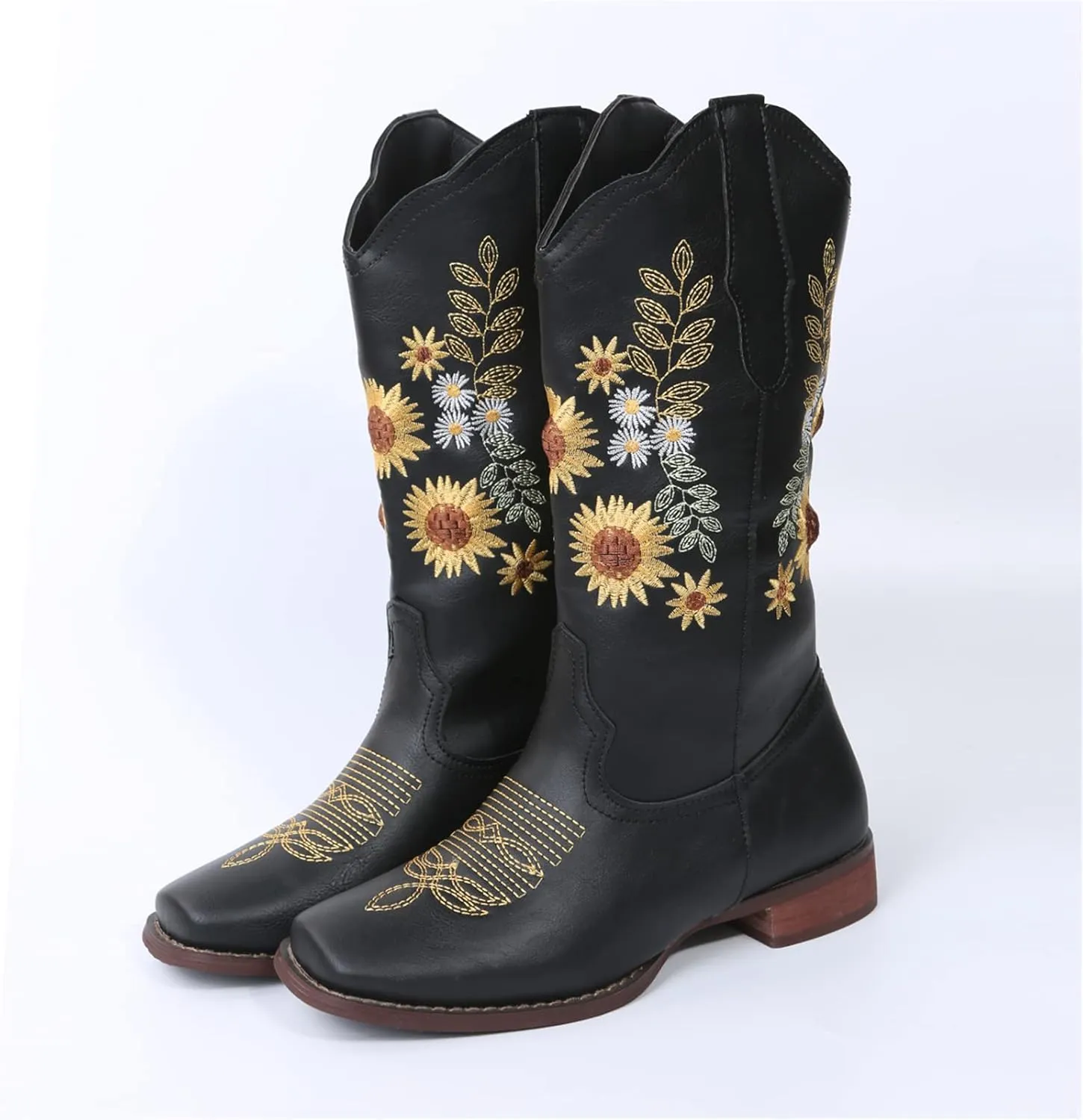 Ladmiple Cowboy Boots For Women Mid Calf Cowgirl Western Boots Sunflower Embroidery Boots for Ladies, Party and Outdoor