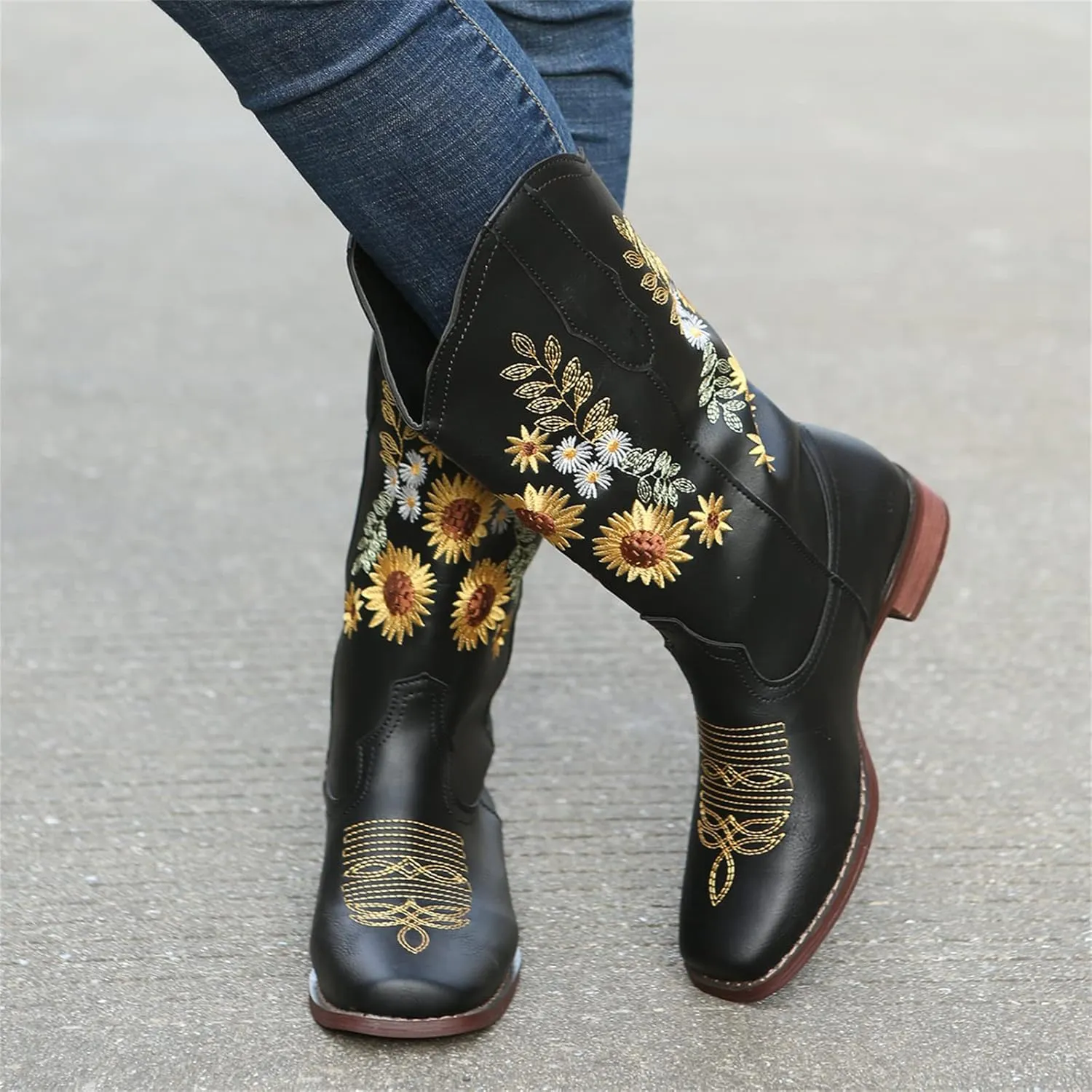 Ladmiple Cowboy Boots For Women Mid Calf Cowgirl Western Boots Sunflower Embroidery Boots for Ladies, Party and Outdoor