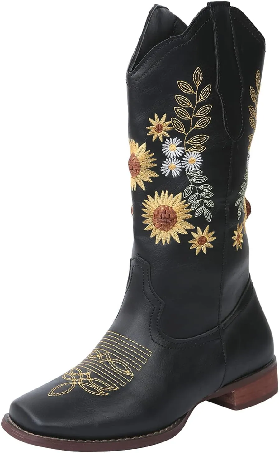 Ladmiple Cowboy Boots For Women Mid Calf Cowgirl Western Boots Sunflower Embroidery Boots for Ladies, Party and Outdoor