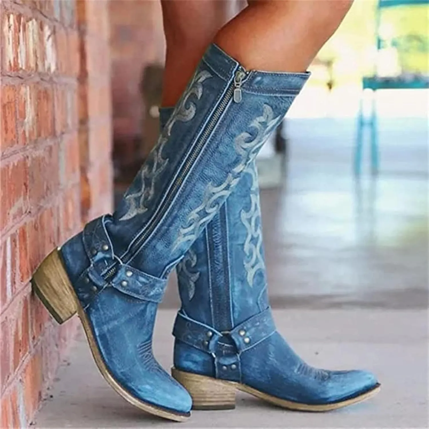 Ladmiple Cowgirl Boots Women Wide Calf Knee High Embroidered Cowboy Boots Fashion Western Chunky Heel Boots Pull-On