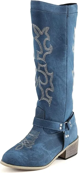 Ladmiple Cowgirl Boots Women Wide Calf Knee High Embroidered Cowboy Boots Fashion Western Chunky Heel Boots Pull-On