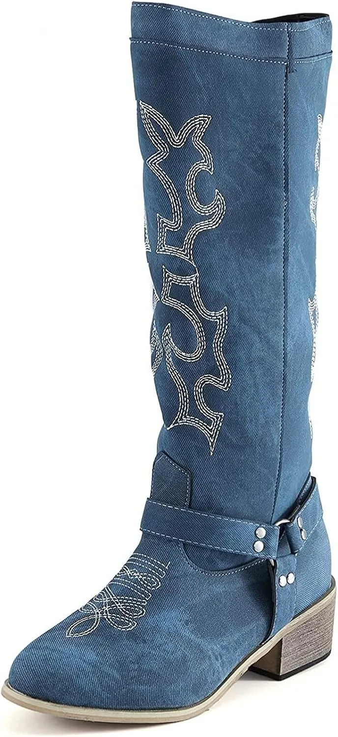 Ladmiple Cowgirl Boots Women Wide Calf Knee High Embroidered Cowboy Boots Fashion Western Chunky Heel Boots Pull-On