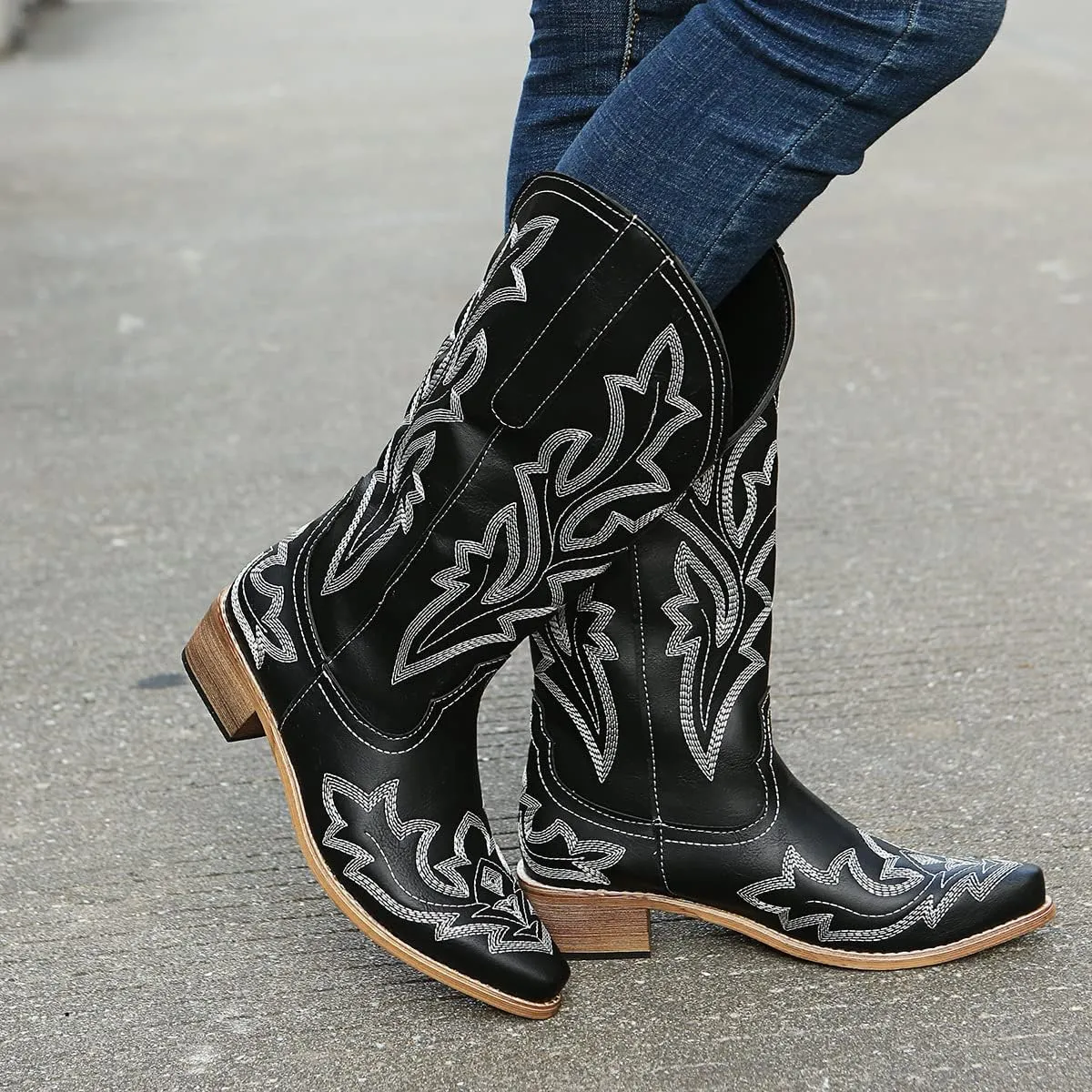 Ladmiple Cowgirl Boots Women Wide Width Cowboy Western Boots Fashion Embroidered Knee High Chunky Heel Boot Pull-On