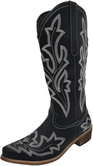 Ladmiple Cowgirl Boots Women Wide Width Cowboy Western Boots Fashion Embroidered Knee High Chunky Heel Boot Pull-On