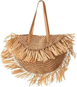 Large capacity Bag Bohemian - style Straw Fringed Fan - shaped Handbag: Enjoy a Free - spirited Outing Ladies shoulder Bag(Brown)