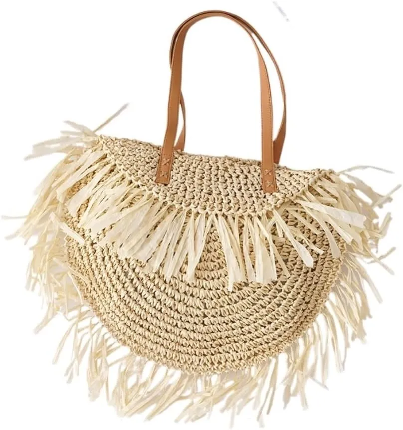 Large capacity Bag Bohemian - style Straw Fringed Fan - shaped Handbag: Enjoy a Free - spirited Outing Ladies shoulder Bag(White)