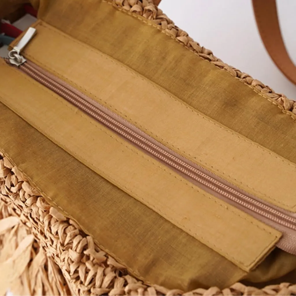 Large capacity Bag Bohemian - style Straw Fringed Fan - shaped Handbag: Enjoy a Free - spirited Outing Ladies shoulder Bag(White)