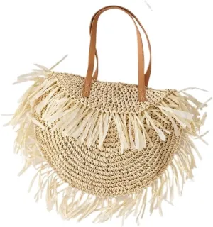 Large capacity Bag Bohemian - style Straw Fringed Fan - shaped Handbag: Enjoy a Free - spirited Outing Ladies shoulder Bag(White)