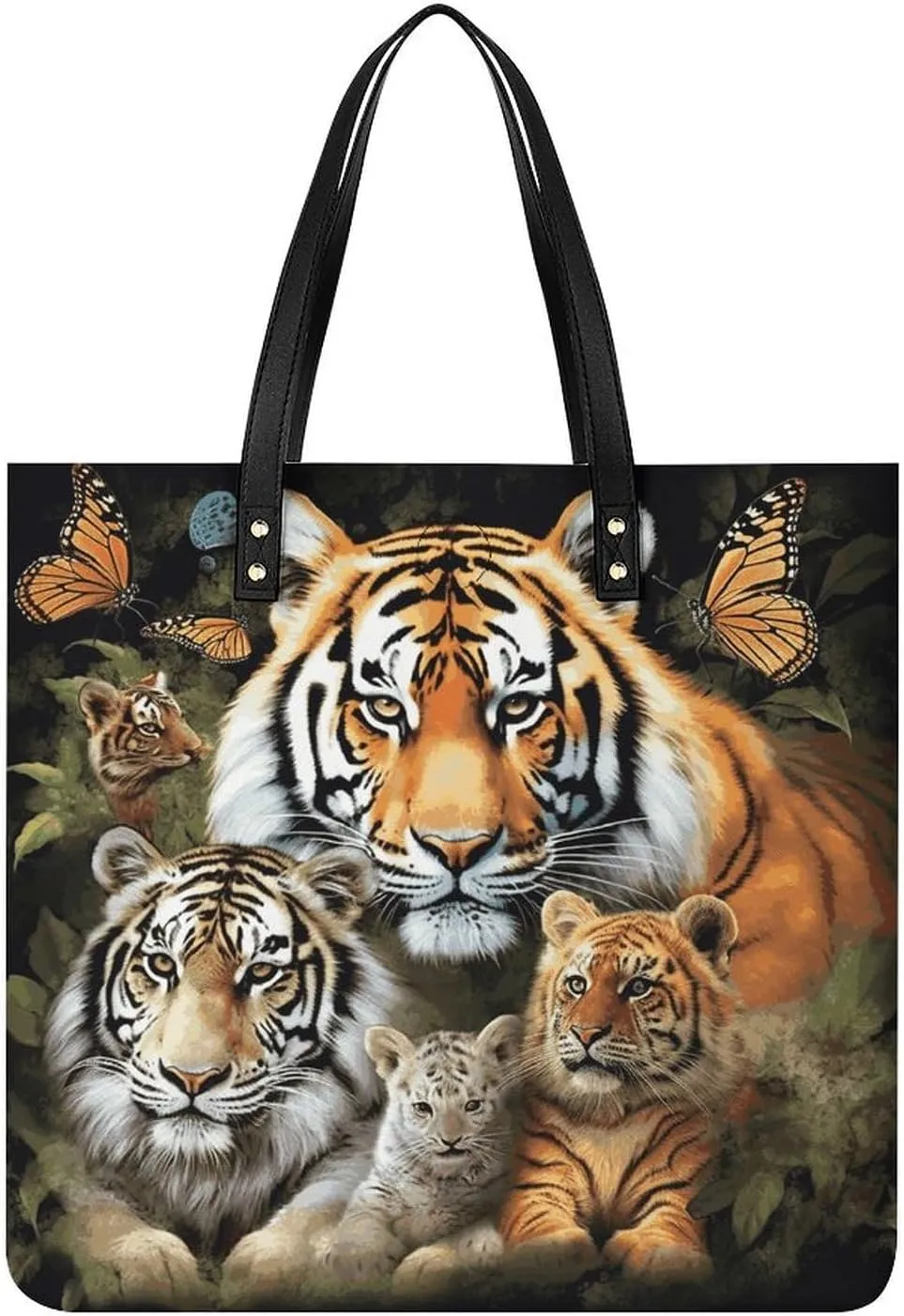 Leather Tote Shoulder Handbag Lion Tiger Leopard And Butterfly Tote Bag for Woman Shopping Bags for Work Travel