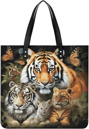 Leather Tote Shoulder Handbag Lion Tiger Leopard And Butterfly Tote Bag for Woman Shopping Bags for Work Travel