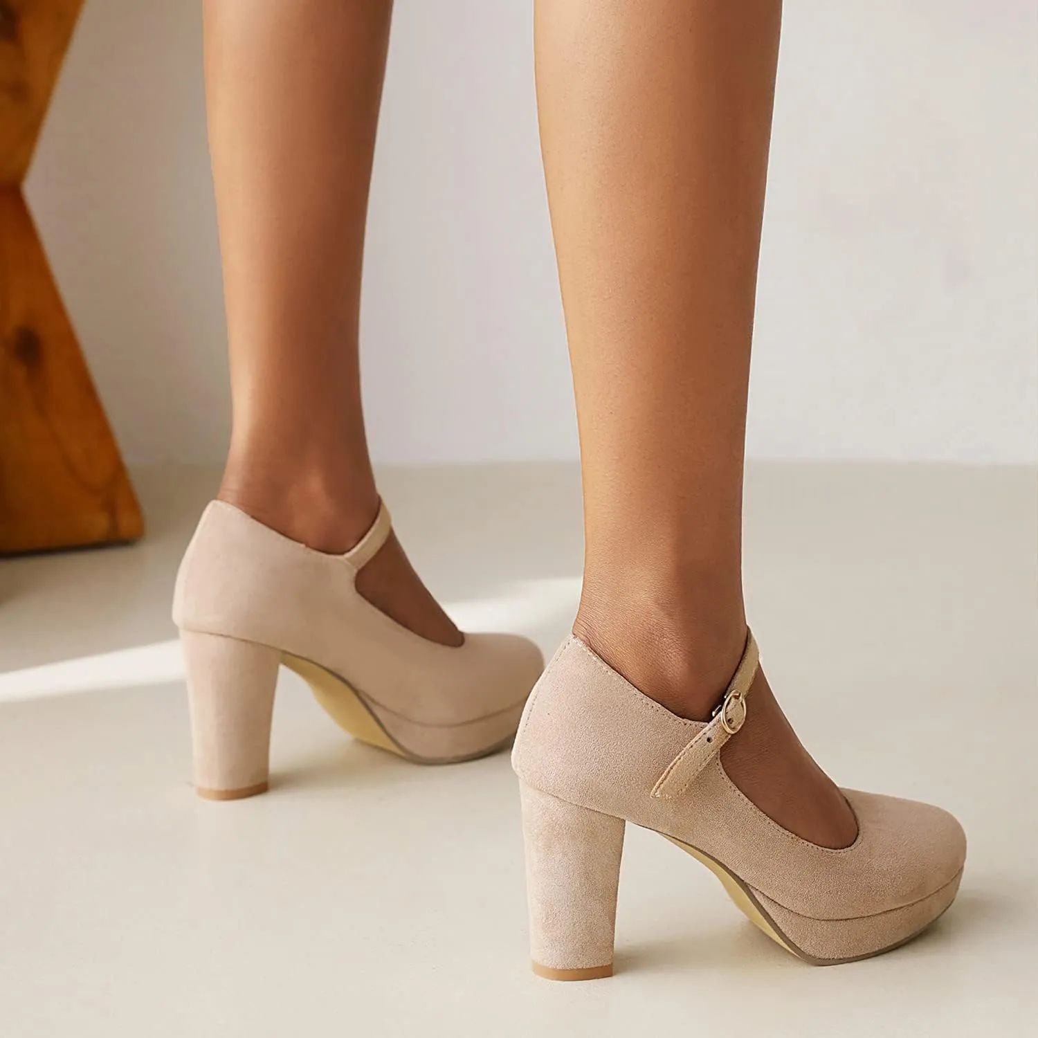 LEHOOR Women Chunky High Heel Mary Jane Shoes Platform Ankle Buckle Strap 3" Heel Round Toe Suede Pumps Wedding Bridal Dress Shoes Block Heel Closed Toe Sandals Ladies Girls Office Cute Fall 4-12 M US