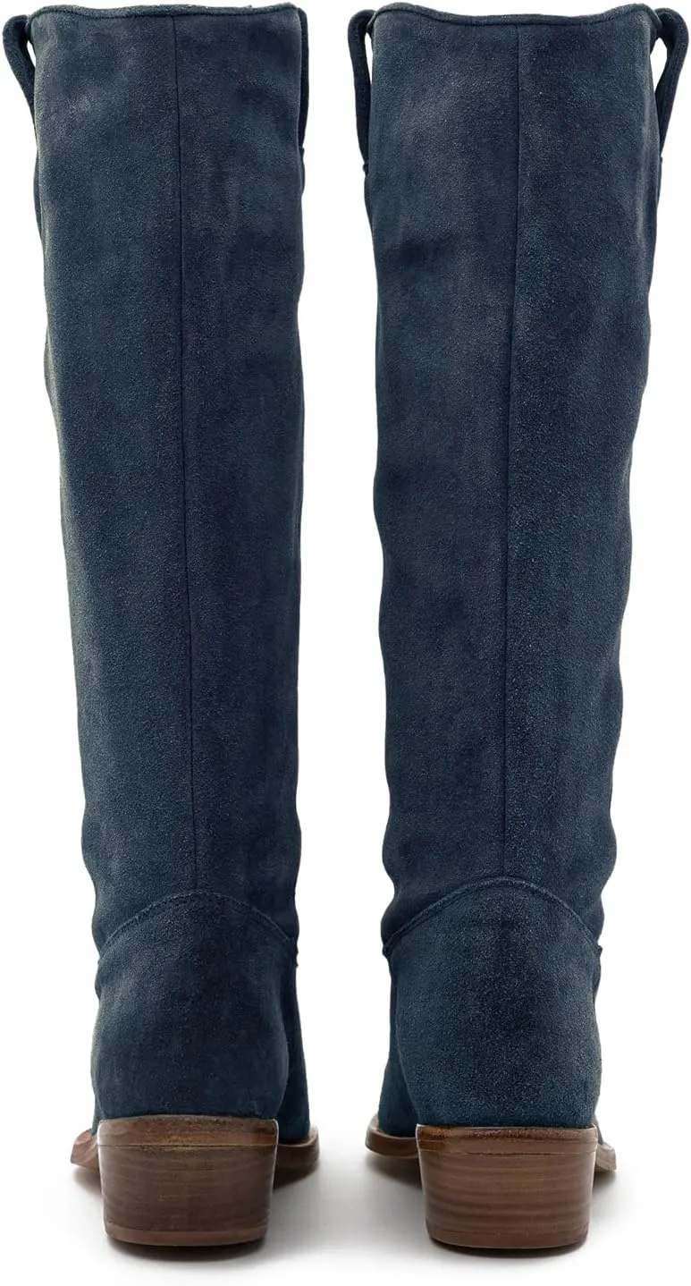LEHOOR Women Low Stacked Heel Slouchy Knee High Western Boots Pointed Square Toe Velvet Suede 1.5" Chunky Heels Cowboy Boots Wide Calf Pull On Combat Boots Dressy Comfort Casual Winter Retro 4-13 M US