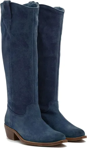 LEHOOR Women Low Stacked Heel Slouchy Knee High Western Boots Pointed Square Toe Velvet Suede 1.5" Chunky Heels Cowboy Boots Wide Calf Pull On Combat Boots Dressy Comfort Casual Winter Retro 4-13 M US