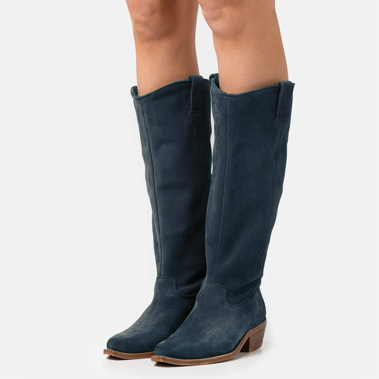 LEHOOR Women Low Stacked Heel Slouchy Knee High Western Boots Pointed Square Toe Velvet Suede 1.5" Chunky Heels Cowboy Boots Wide Calf Pull On Combat Boots Dressy Comfort Casual Winter Retro 4-13 M US