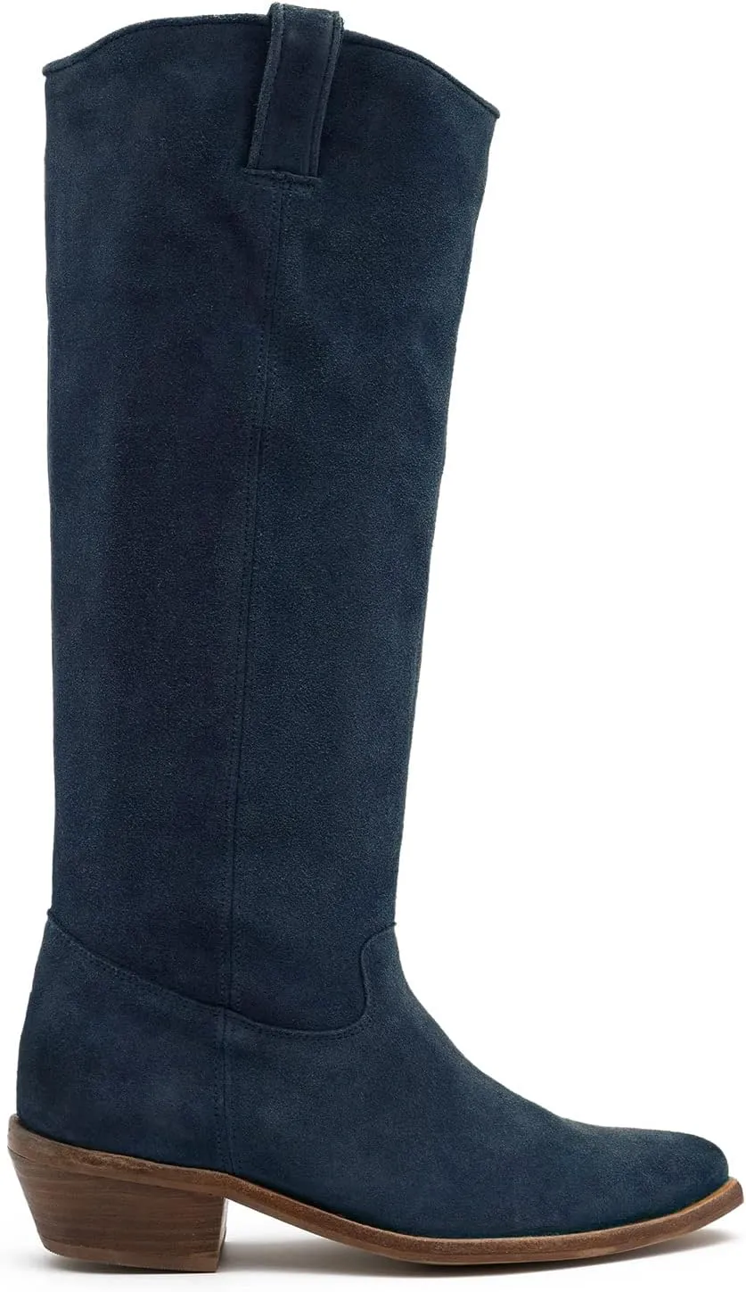 LEHOOR Women Low Stacked Heel Slouchy Knee High Western Boots Pointed Square Toe Velvet Suede 1.5" Chunky Heels Cowboy Boots Wide Calf Pull On Combat Boots Dressy Comfort Casual Winter Retro 4-13 M US