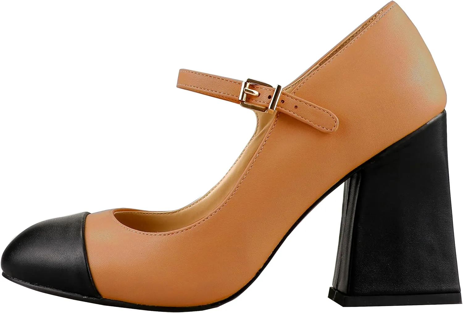 LEMUTISME Women's Chunky Block Heel Mary Jane Pumps Round Cap Toe Buckled Ankle Strap Two-Tone Matte Leather for Wedding Party