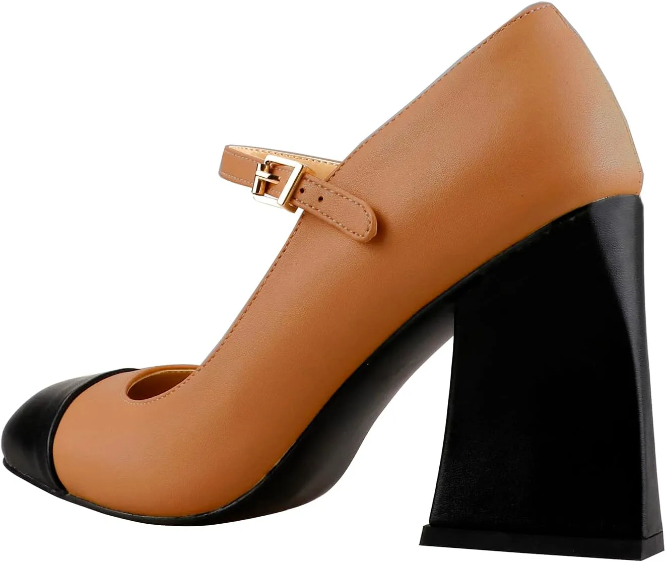 LEMUTISME Women's Chunky Block Heel Mary Jane Pumps Round Cap Toe Buckled Ankle Strap Two-Tone Matte Leather for Wedding Party