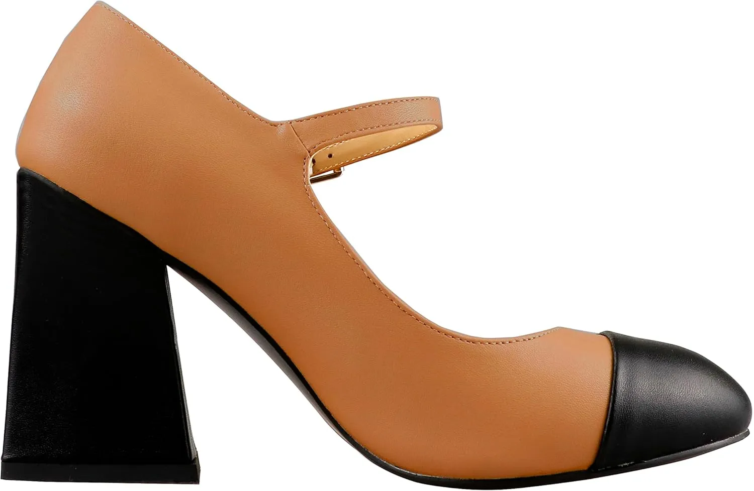 LEMUTISME Women's Chunky Block Heel Mary Jane Pumps Round Cap Toe Buckled Ankle Strap Two-Tone Matte Leather for Wedding Party