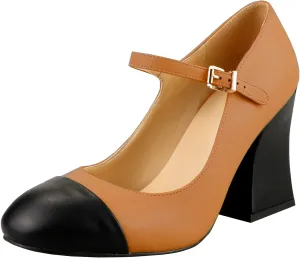 LEMUTISME Women's Chunky Block Heel Mary Jane Pumps Round Cap Toe Buckled Ankle Strap Two-Tone Matte Leather for Wedding Party