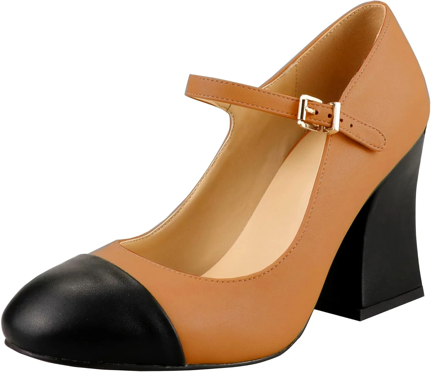 LEMUTISME Women's Chunky Block Heel Mary Jane Pumps Round Cap Toe Buckled Ankle Strap Two-Tone Matte Leather for Wedding Party