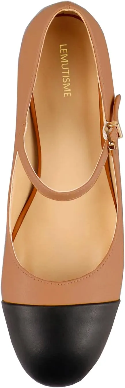 LEMUTISME Women's Chunky Block Heel Mary Jane Pumps Round Cap Toe Buckled Ankle Strap Two-Tone Matte Leather for Wedding Party