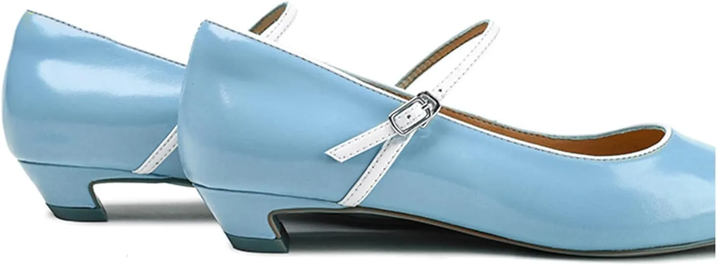 LEMUTISME Women's Trendy Spring-Summer Patent Leather Square Toe Buckled Candy Color Ankle Strap Low Block Heel Mary Jane Pumps Shoes