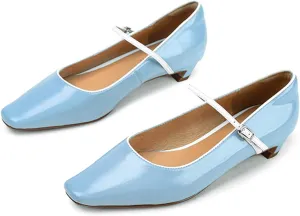 LEMUTISME Women's Trendy Spring-Summer Patent Leather Square Toe Buckled Candy Color Ankle Strap Low Block Heel Mary Jane Pumps Shoes