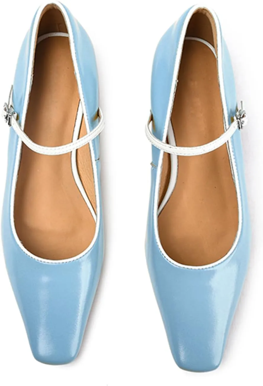 LEMUTISME Women's Trendy Spring-Summer Patent Leather Square Toe Buckled Candy Color Ankle Strap Low Block Heel Mary Jane Pumps Shoes