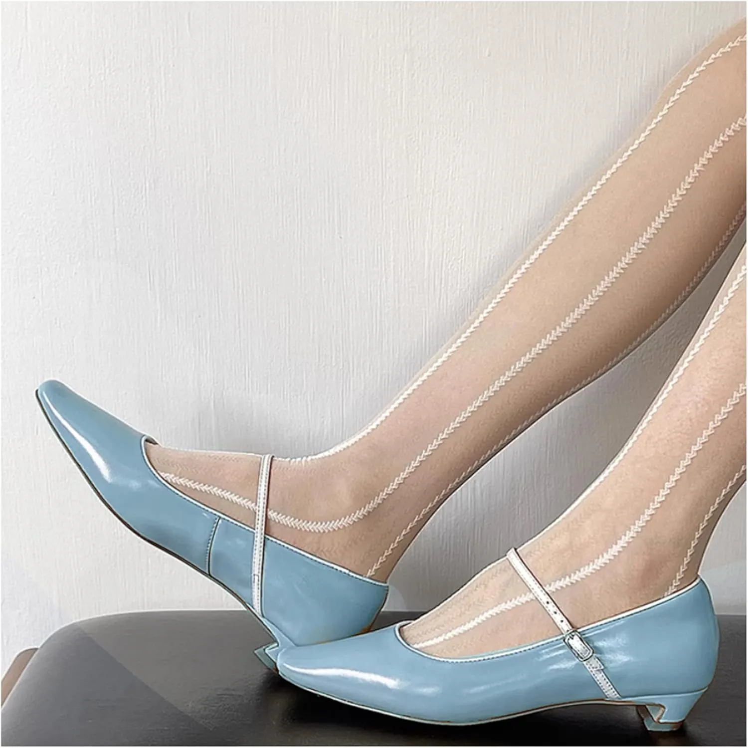 LEMUTISME Women's Trendy Spring-Summer Patent Leather Square Toe Buckled Candy Color Ankle Strap Low Block Heel Mary Jane Pumps Shoes