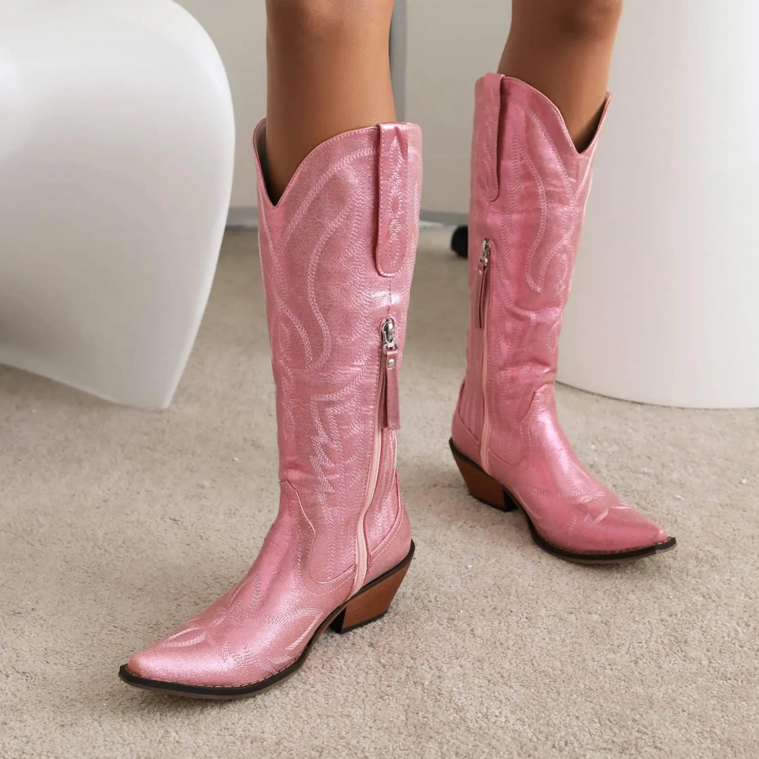 LISYIIZ Women's BS261 Solid Embroidered Closed Toe Pigskin Leather Low Block Mid Calf Boots
