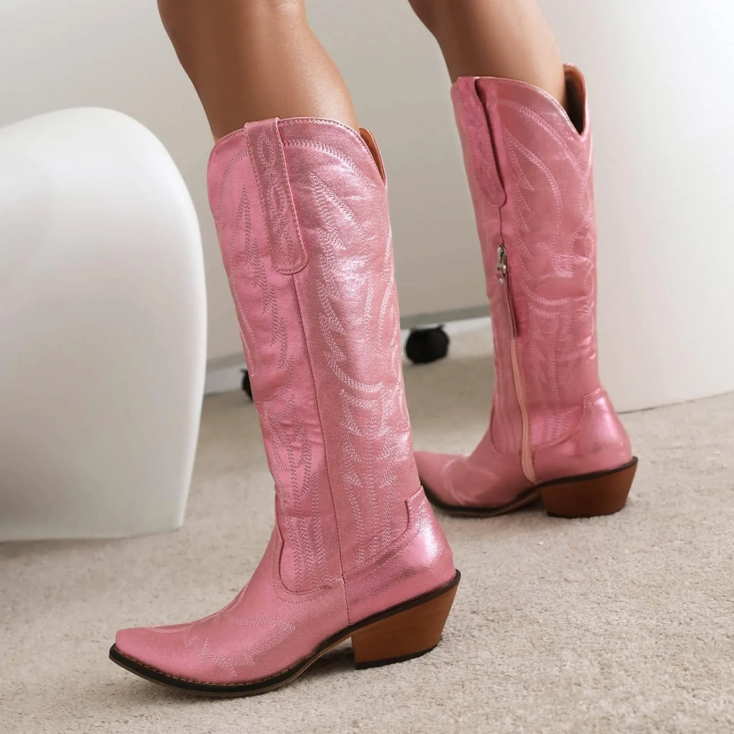 LISYIIZ Women's BS261 Solid Embroidered Closed Toe Pigskin Leather Low Block Mid Calf Boots