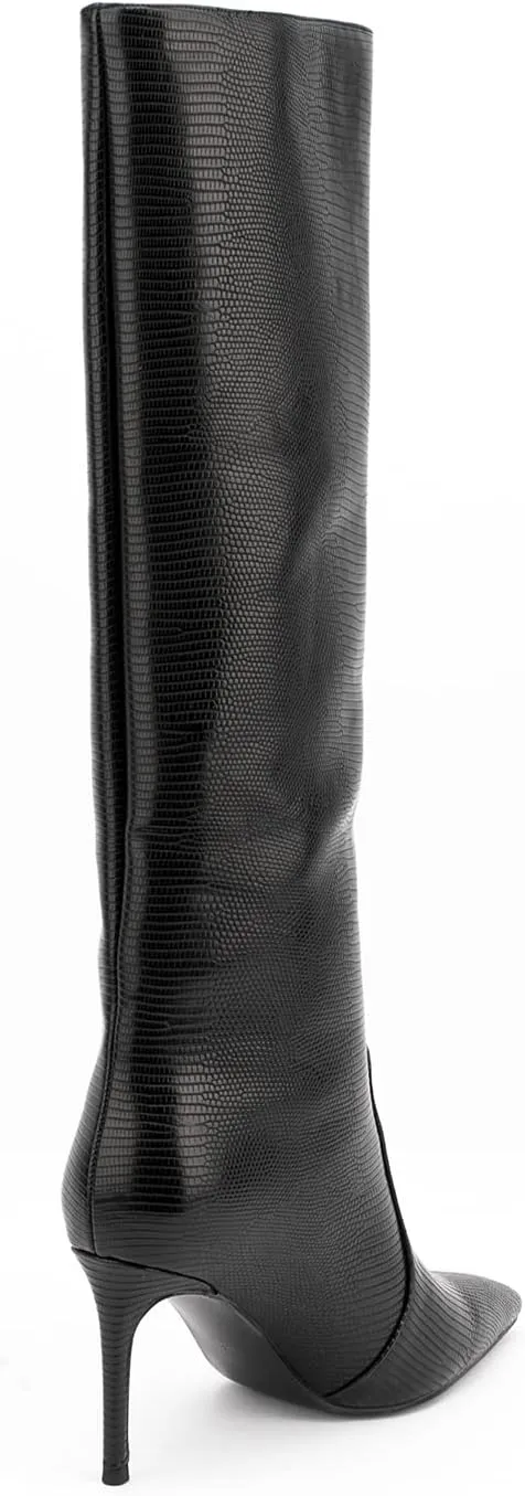 Lutalica W Women's Trendy Pointed Toe Faux Leather Special Printing Slip On Slouchy Elegant Stiletto High Heel Dress Knee High Boots