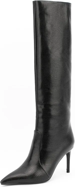 Lutalica W Women's Trendy Pointed Toe Faux Leather Special Printing Slip On Slouchy Elegant Stiletto High Heel Dress Knee High Boots