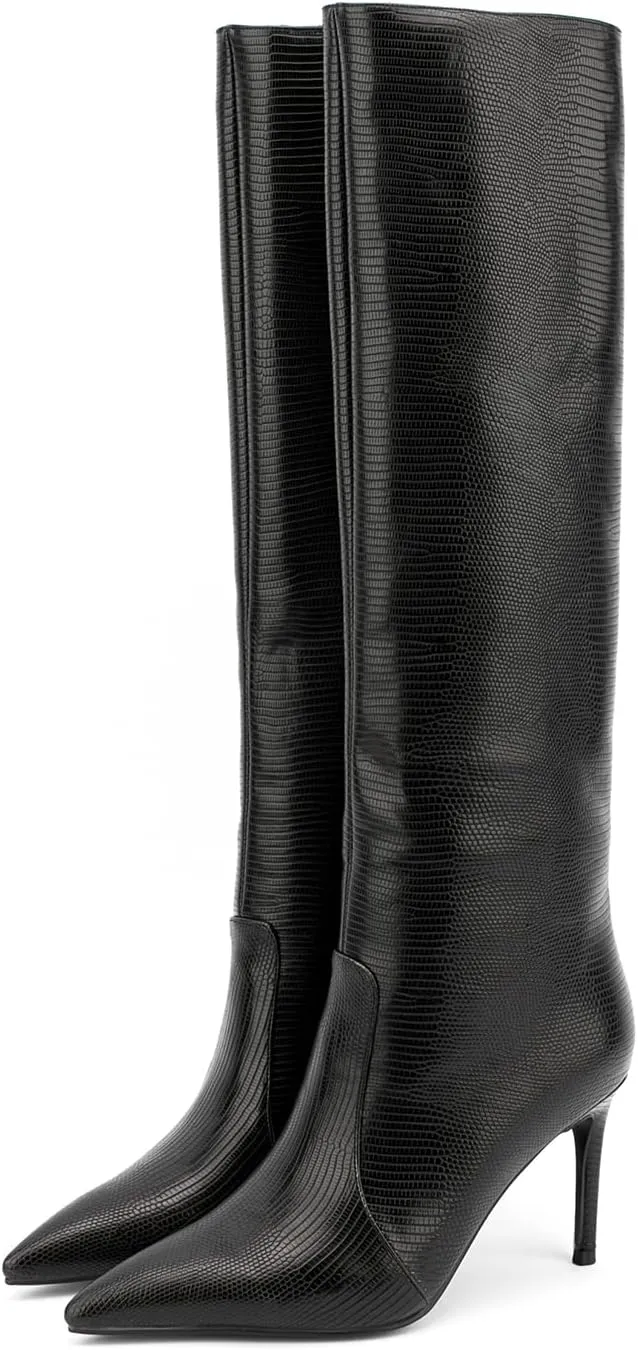 Lutalica W Women's Trendy Pointed Toe Faux Leather Special Printing Slip On Slouchy Elegant Stiletto High Heel Dress Knee High Boots